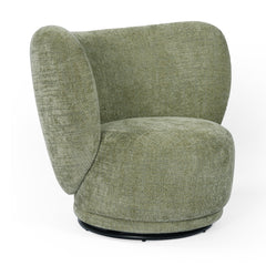 Green upholstered armchair has a rounded seat and wing-like back