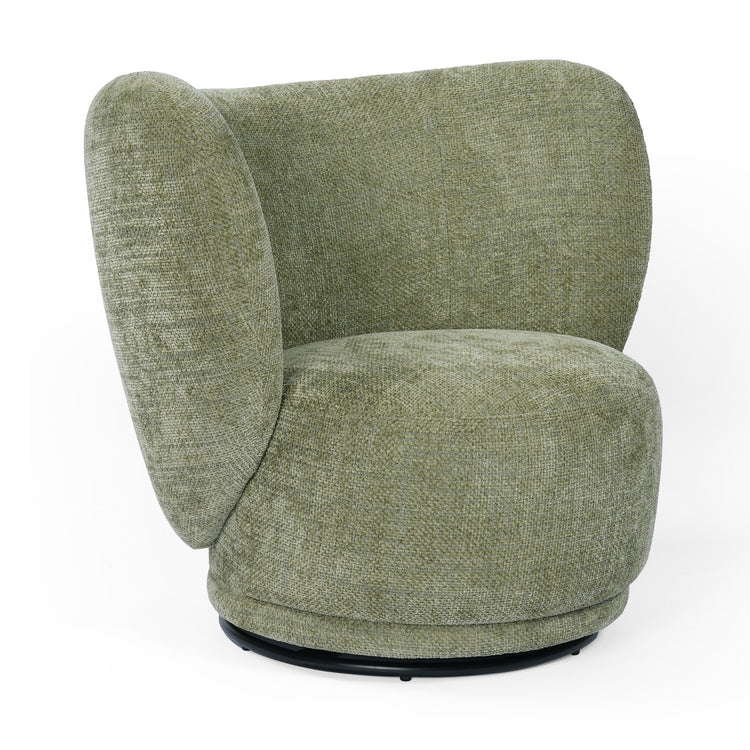 Green upholstered armchair has a rounded seat and wing-like back