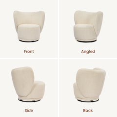 Four labeled views reveal the chair's rounded seat, wraparound back, and circular base
