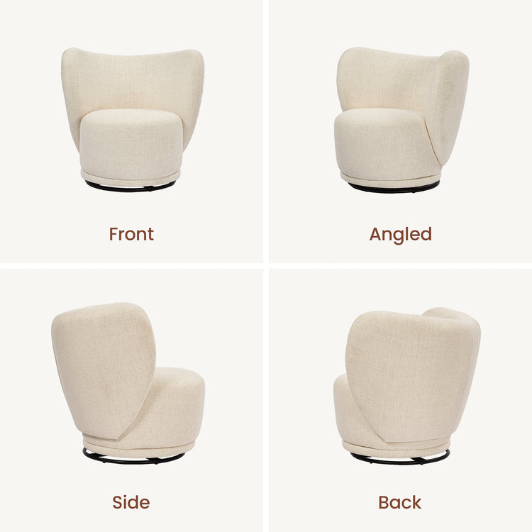 Four labeled views reveal the chair's rounded seat, wraparound back, and circular base