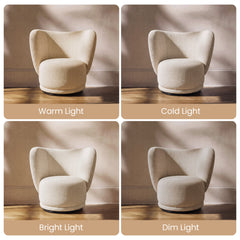 Four panels compare the same cream armchair under different lighting