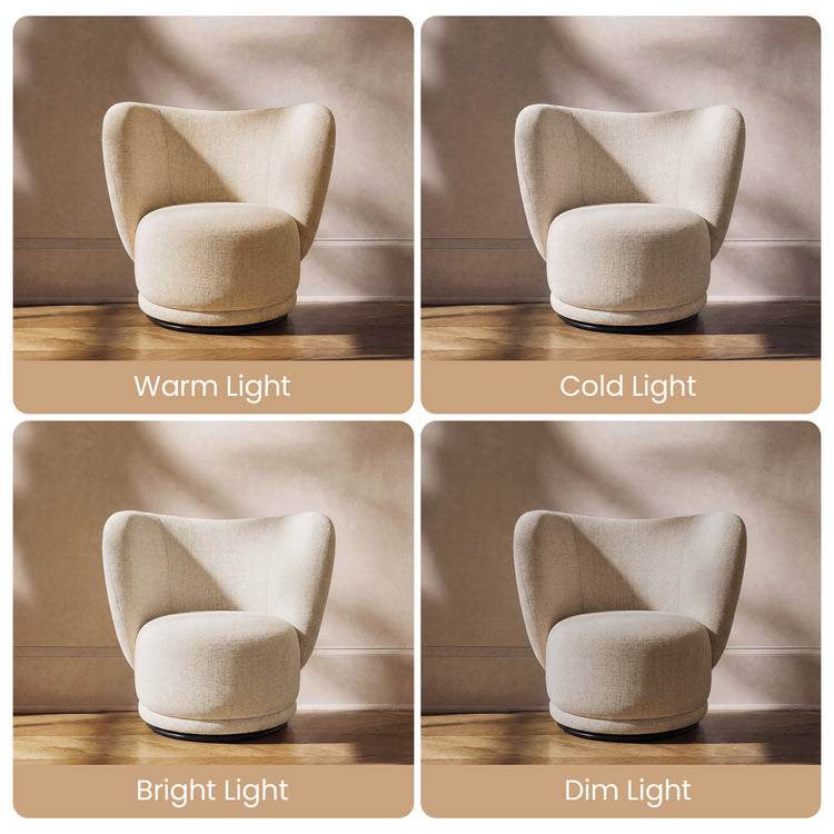 Four panels compare the same cream armchair under different lighting