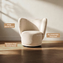 Light-colored upholstered chair has a rounded back and dark circular base, Three callouts point to the back, seat, and base