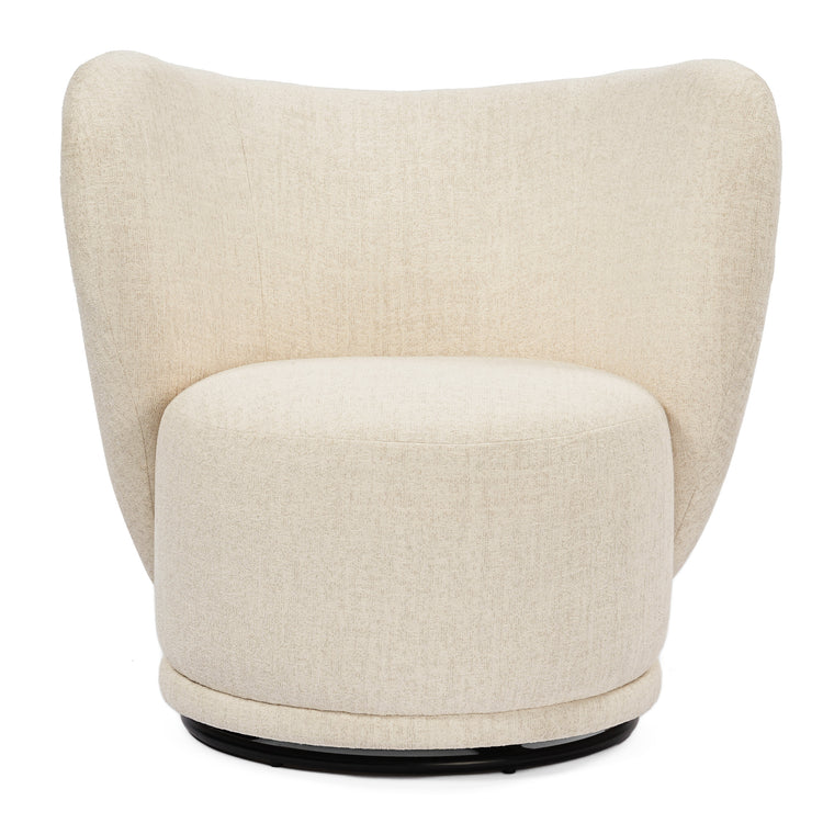 Cream upholstered armchair has a rounded seat and wing-like back