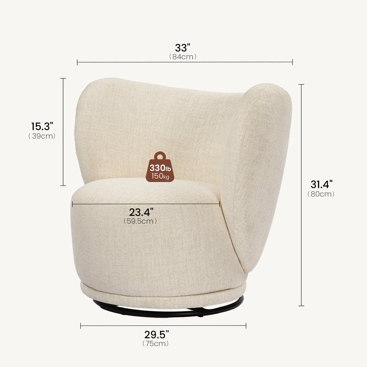 Diagram labels chair width 33 in and height 31.4 in, Other spans and a weight icon surround the chair