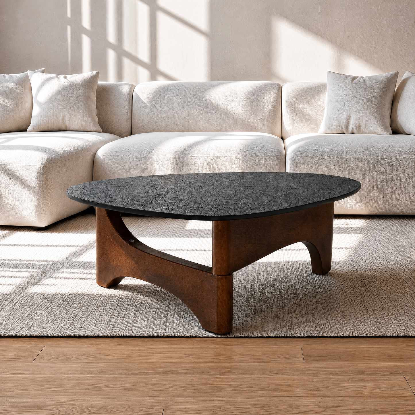 [Pre-Sale] Modern Organic Triangle Glass Coffee Table Water Ripple Tempered Glass & Walnut Wood Base