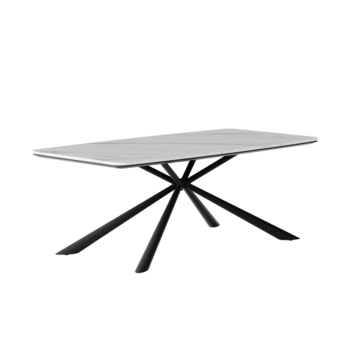 Rectangular table has a white marble-pattern top with rounded corners
