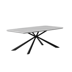 Rectangular table has a white marble-pattern top with rounded corners