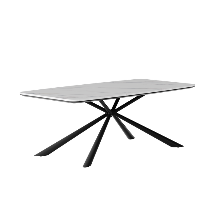 Rectangular table has a white marble-pattern top with rounded corners