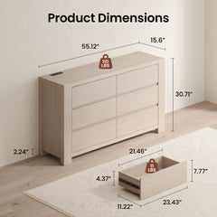 Light wood six-drawer dresser and an open drawer are shown with measurement arrows