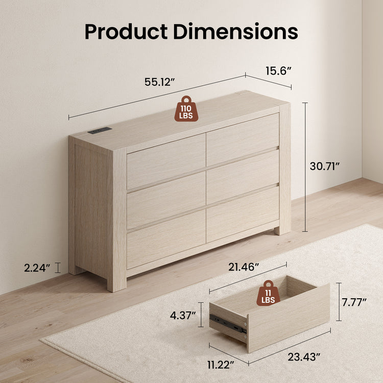 Light wood six-drawer dresser and an open drawer are shown with measurement arrows