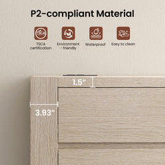 Close-up of pale wood-tone cabinet corner and recessed panel, Icons and dimension markers overlay the image