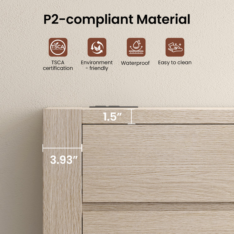 Close-up of pale wood-tone cabinet corner and recessed panel, Icons and dimension markers overlay the image