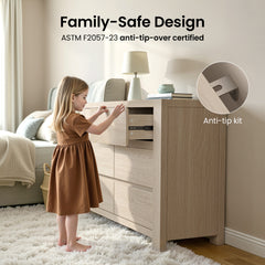 Child stands beside a light wood dresser while an inset highlights a wall attachment