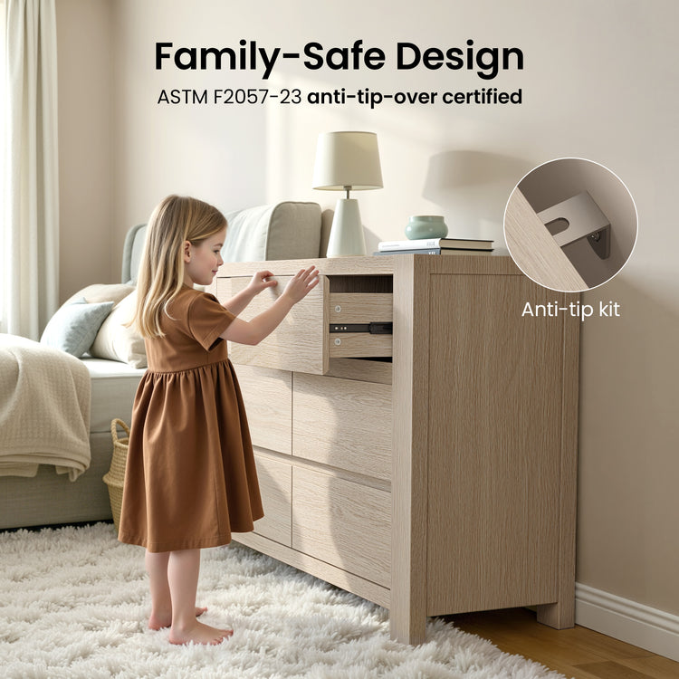 Child stands beside a light wood dresser while an inset highlights a wall attachment