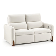 White upholstered two-seat sofa with tall back cushions, wide arms, and wood accents.