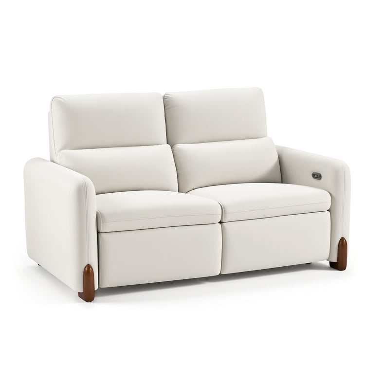 White upholstered two-seat sofa with tall back cushions, wide arms, and wood accents.