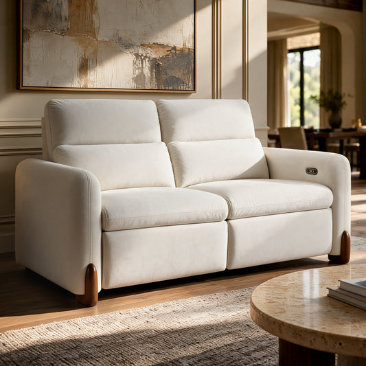 Cream upholstered two-seat sofa with padded backrests, rounded arms, and wood-accented feet.
