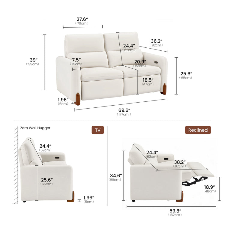 Dimension diagram of a white loveseat shown upright, beside a wall, and reclined.