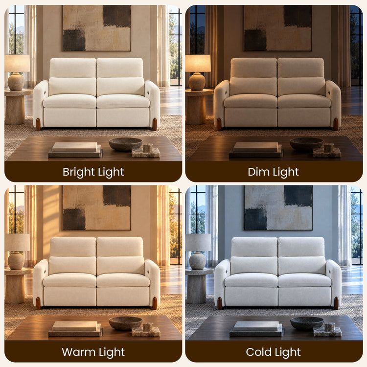 Cream loveseat shown under bright, dim, warm, and cold lighting.