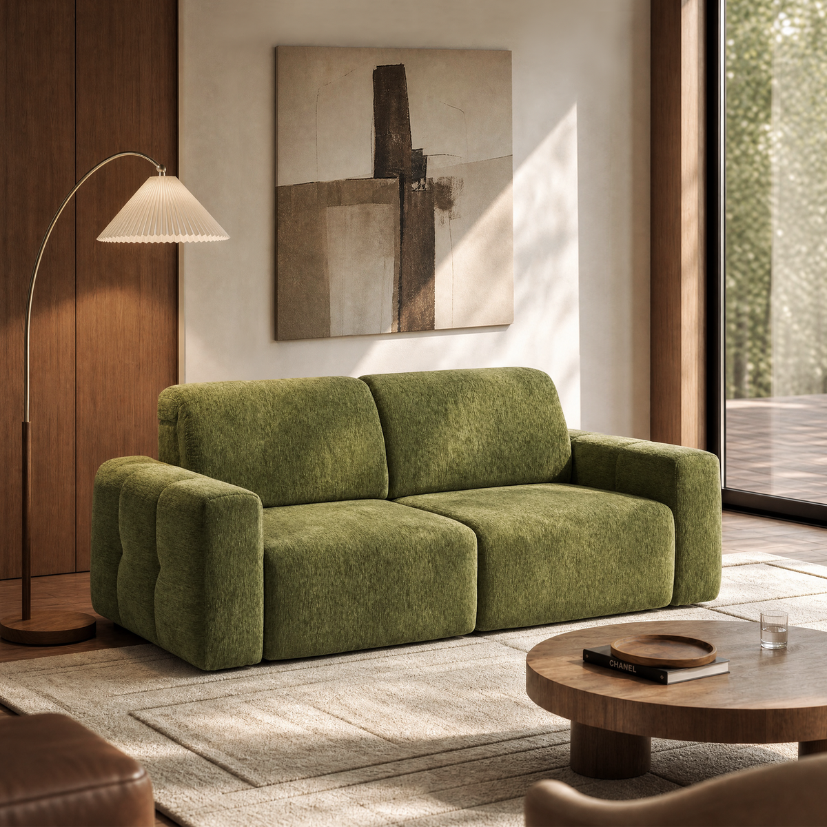 Green upholstered sofa shown in a warmly lit living room