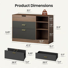 Dimension diagram of a brown wood-grain cabinet with dark drawer fronts, gold-colored handles and three open shelves, measuring 47.2 inches wide, 15.7 inches deep and 31.9 inches high, with separate drawer views below.