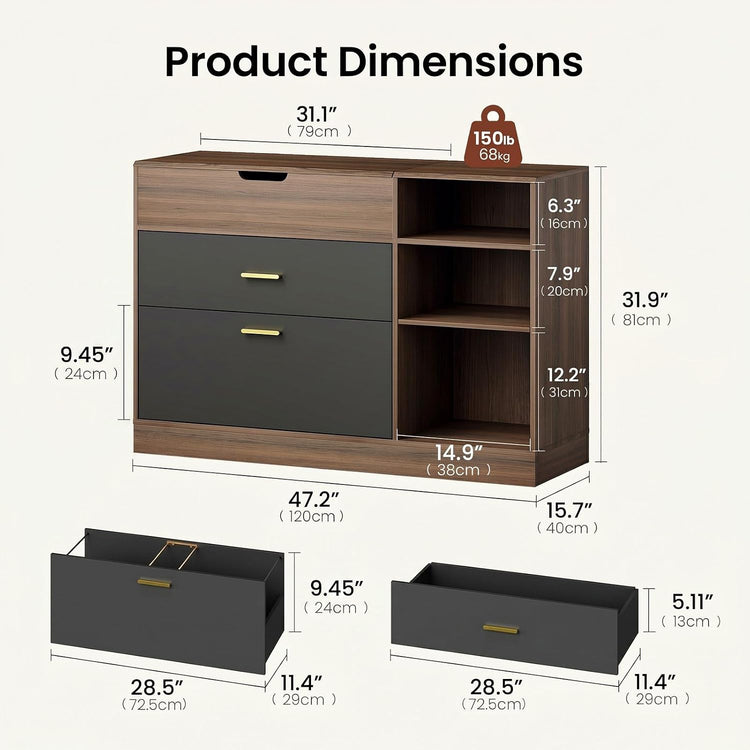 Dimension diagram of a brown wood-grain cabinet with dark drawer fronts, gold-colored handles and three open shelves, measuring 47.2 inches wide, 15.7 inches deep and 31.9 inches high, with separate drawer views below.