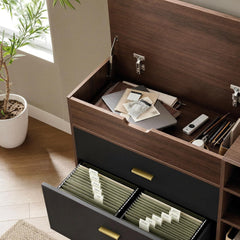Brown cabinet with a raised top revealing a laptop, notebooks and stationery, above black drawers with gold-colored handles and an open drawer holding two rows of hanging folders.