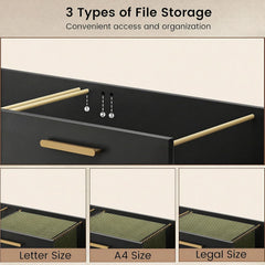 Diagram showing three rail positions in a black filing drawer with a gold-colored handle, with examples of hanging folders labeled Letter Size, A4 Size and Legal Size.