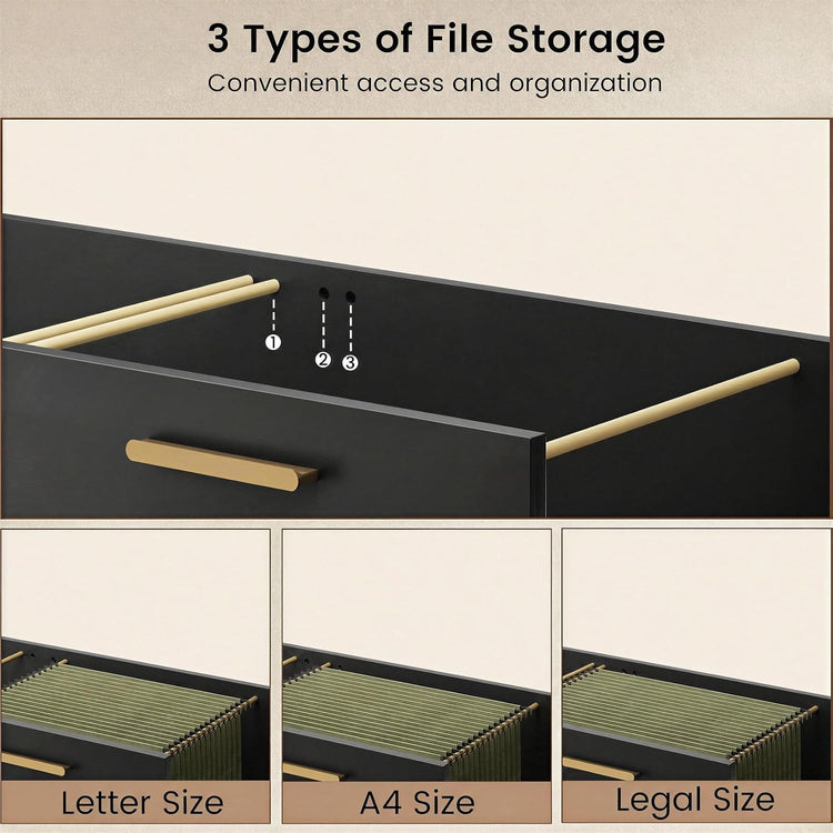 Diagram showing three rail positions in a black filing drawer with a gold-colored handle, with examples of hanging folders labeled Letter Size, A4 Size and Legal Size.