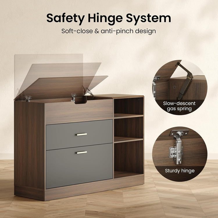 Wood-grain cabinet with two gray drawers and open side shelves, shown with its top lid at several opening angles; circular details show a gas spring and hinge.