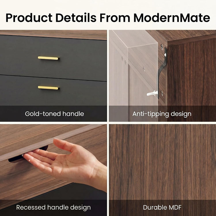 Four-panel furniture detail collage showing gold-toned drawer handles, an anti-tipping bracket, a recessed handle being used, and a wood-grain surface.