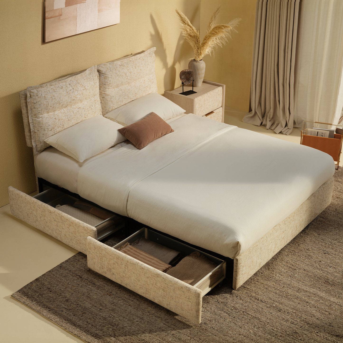 Freya 4-Piece Queen Upholstered Bedroom Set: 4-Drawer Storage Bed, 2 Nightstands & Bench, Sandstone Beige