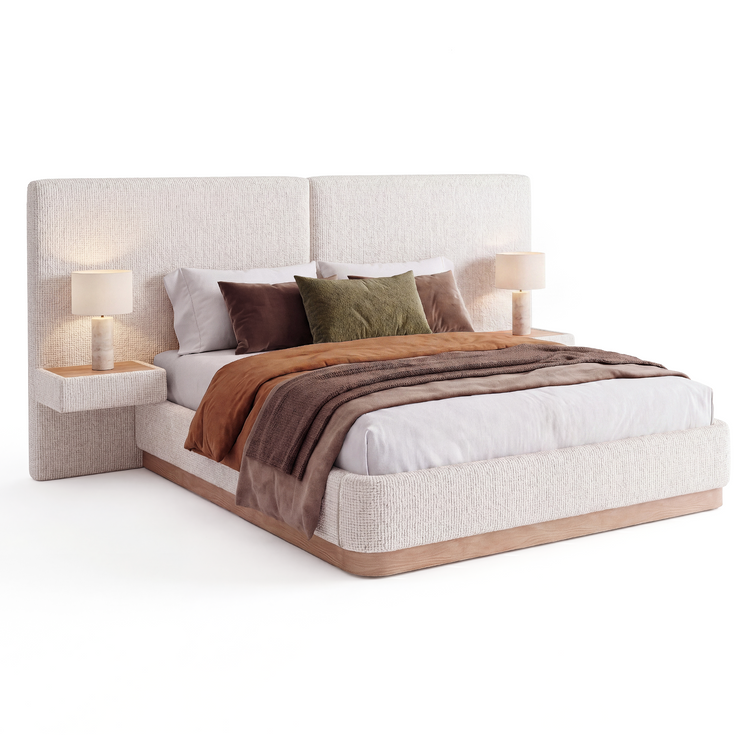 Queen Curved High-Panel Bed with Floating Nightstands, Wood Grain PU Leather