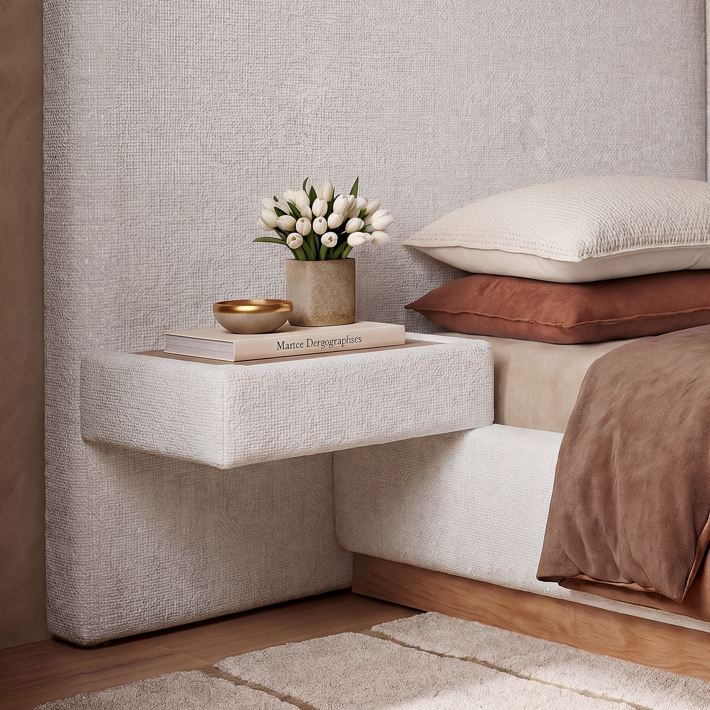 Queen Size Upholstered Platform Bed with Built-in Floating Nightstands – Wide Boucle Headboard