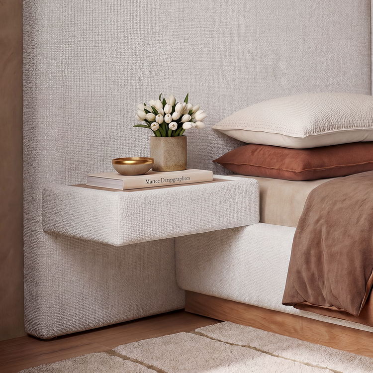 A rectangular upholstered shelf projects from the matching headboard beside the bed
