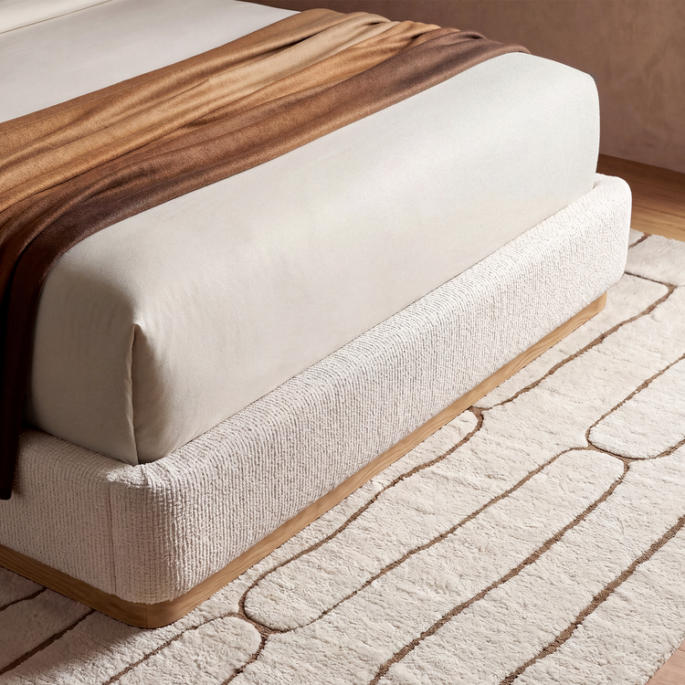 Queen Curved High-Panel Bed with Floating Nightstands, Wood Grain PU Leather