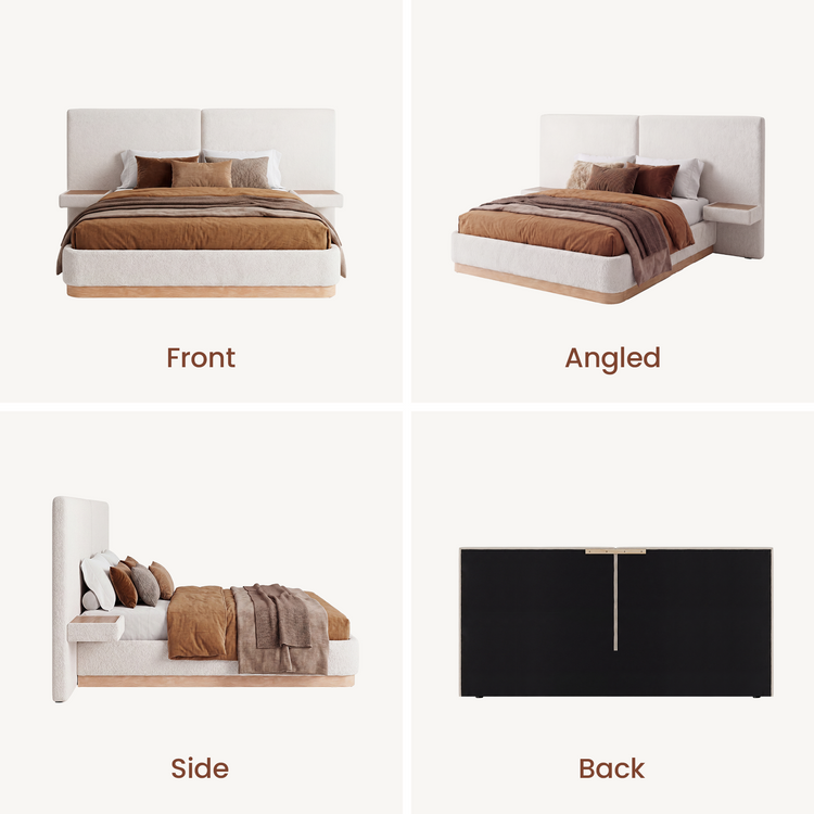 Queen Curved High-Panel Bed with Floating Nightstands, Wood Grain PU Leather