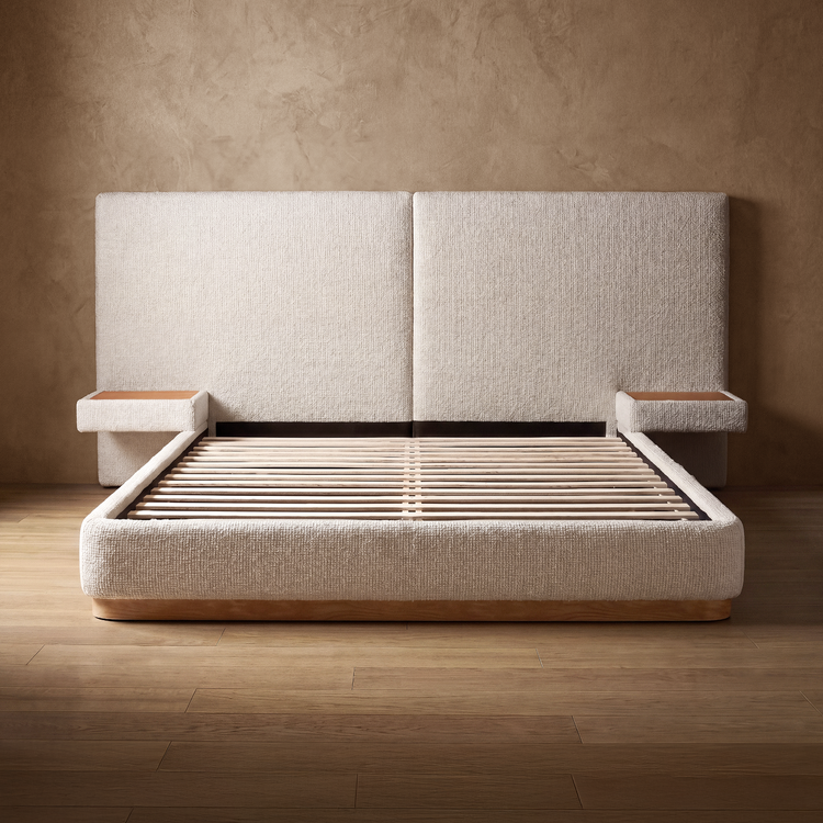 Queen Curved High-Panel Bed with Floating Nightstands, Wood Grain PU Leather