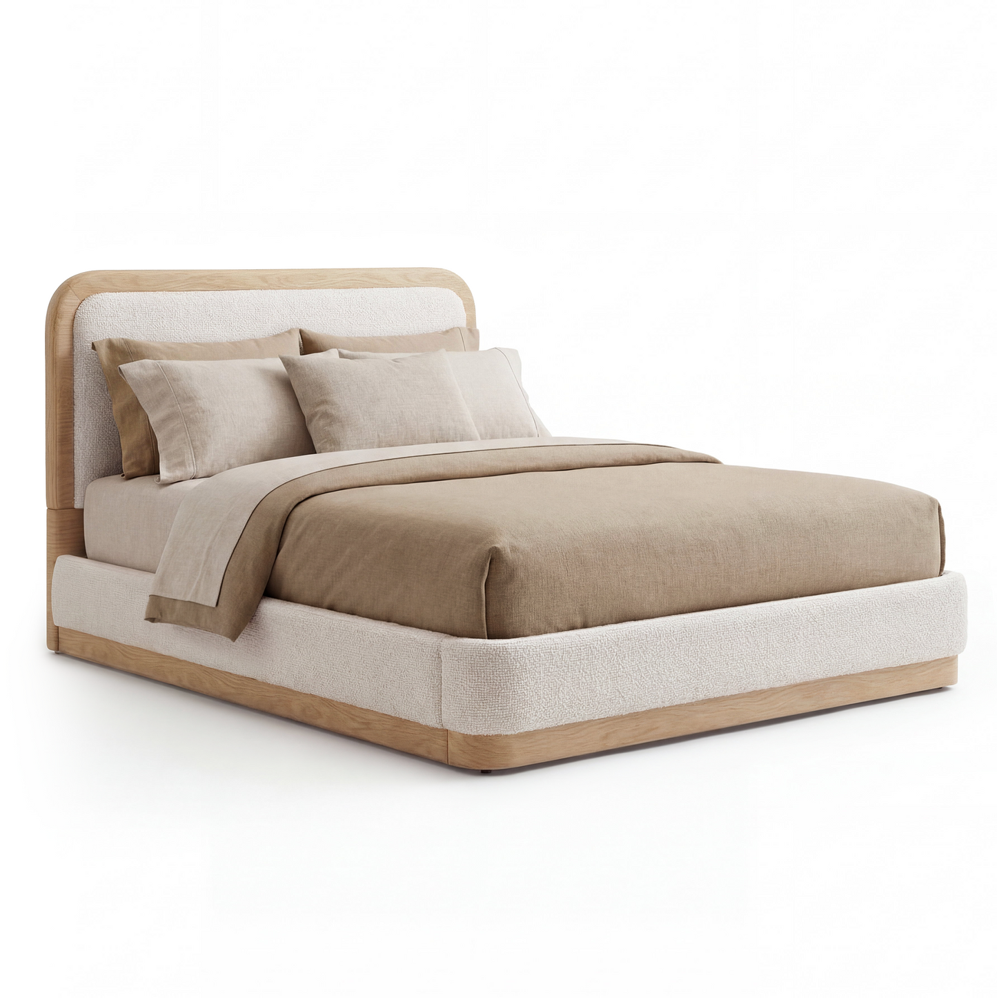 Queen Size Upholstered Platform Bed with Wood Frame – Curved Boucle Headboard