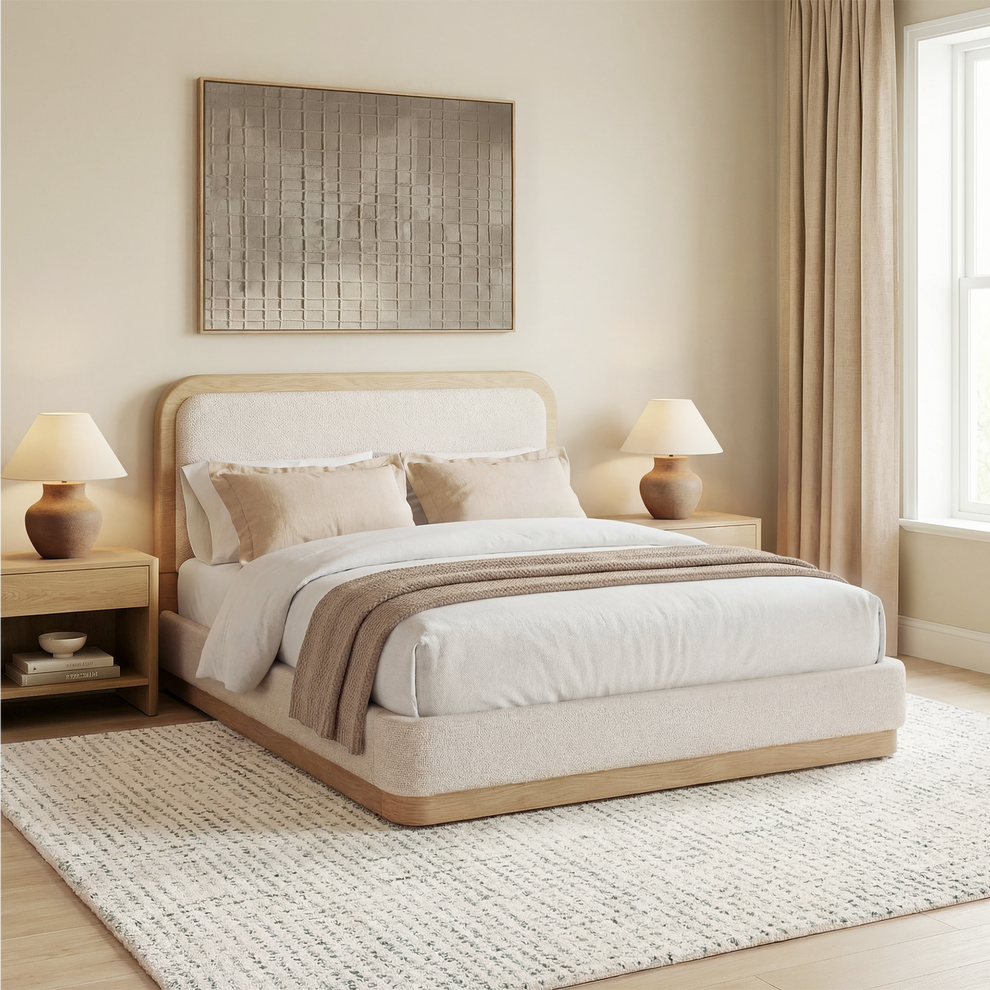 [Pre-sale] Queen Upholstered Bed Frame with PU Leather Headboard – Beige