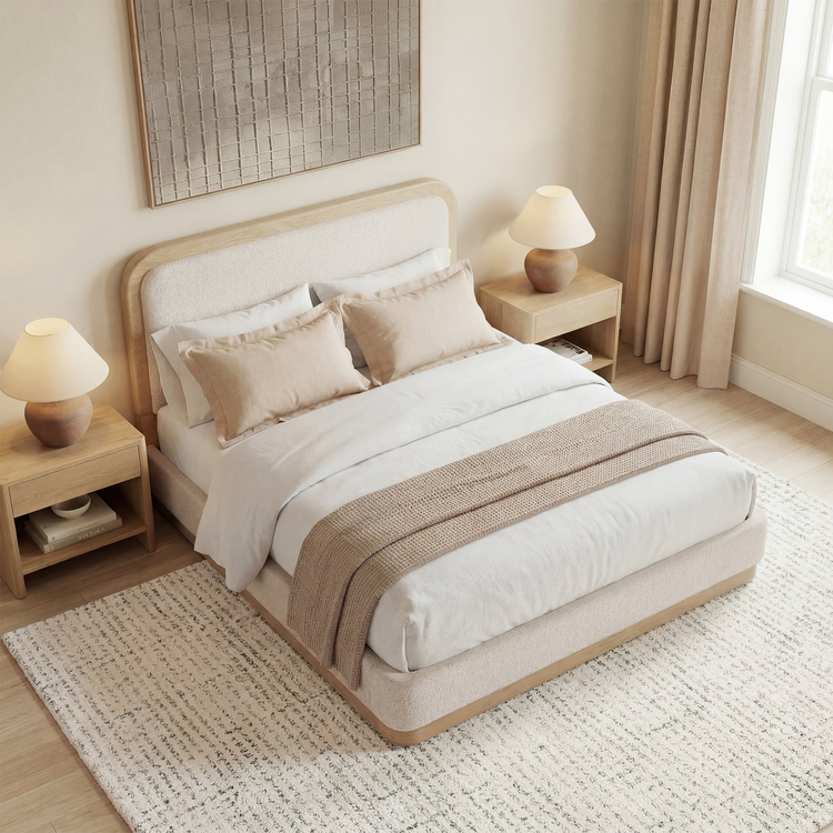 [Pre-sale] Queen Upholstered Bed Frame with PU Leather Headboard – Beige