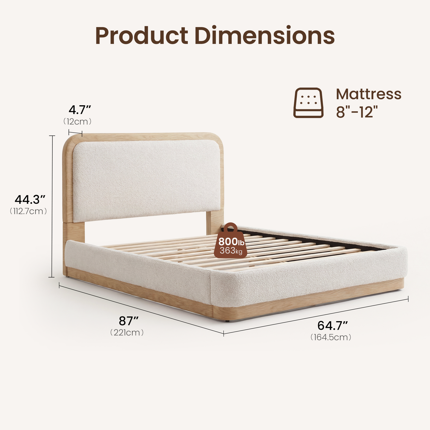 Queen Size Upholstered Platform Bed with Wood Frame – Curved Boucle Headboard