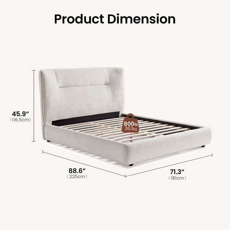Diagram showing an upholstered bed frame with dimensions of 88.6 by 71.3 by 45.9 inches (225 by 181 by 116.5 cm) and an 800 lb (363 kg) weight label.