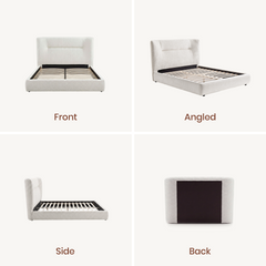 Front, angled, side and back views of an off-white upholstered bed frame with exposed slats, a tall padded headboard and a dark rectangular panel on the back.