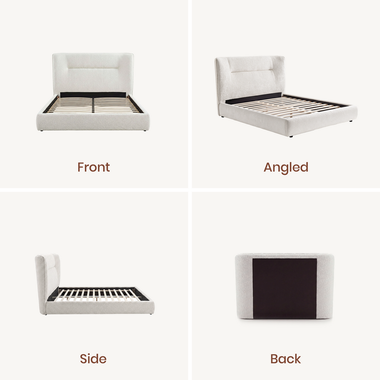 Front, angled, side and back views of an off-white upholstered bed frame with exposed slats, a tall padded headboard and a dark rectangular panel on the back.