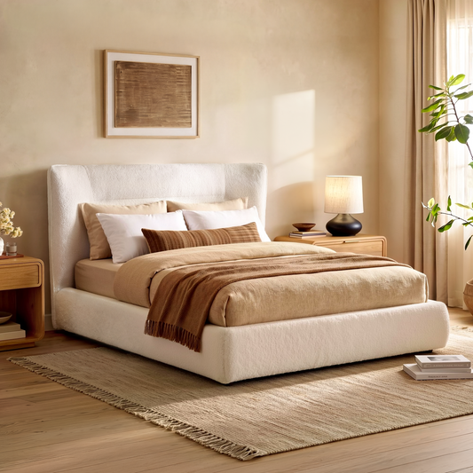 Queen Size Upholstered Platform Bed Frame – Boucle Wingback Headboard