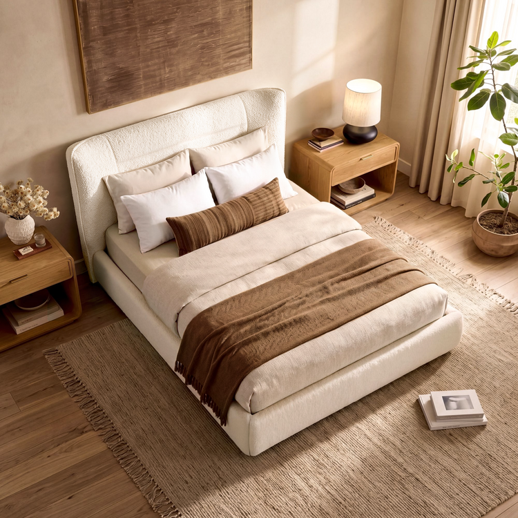 A cream upholstered bed with white pillows and a brown throw sits on a woven rug between wooden bedside tables, with a lamp and potted plants nearby.