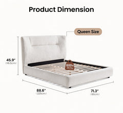 Dimension diagram of a white upholstered bed frame with a tall padded headboard, exposed slatted base, and labeled height, length, and width.