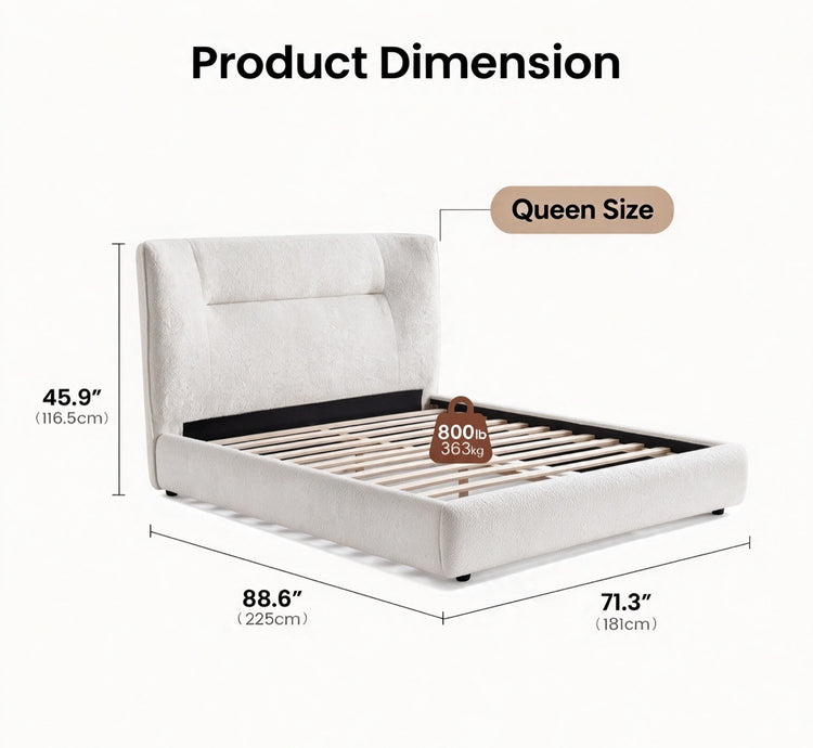 Dimension diagram of a white upholstered bed frame with a tall padded headboard, exposed slatted base, and labeled height, length, and width.